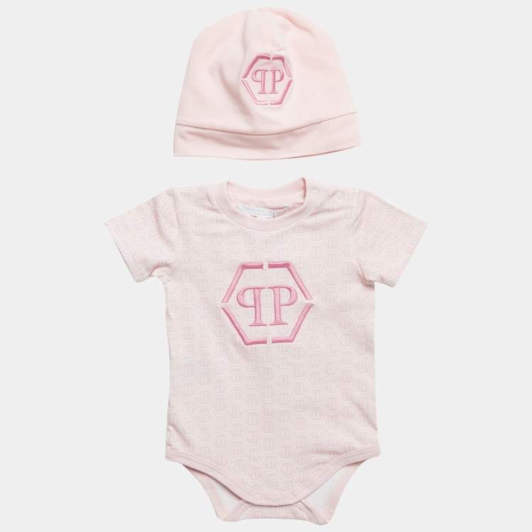 Pre Owned Philipp Plein Pink Printed Jersey Romper and Cap Set 6-9M