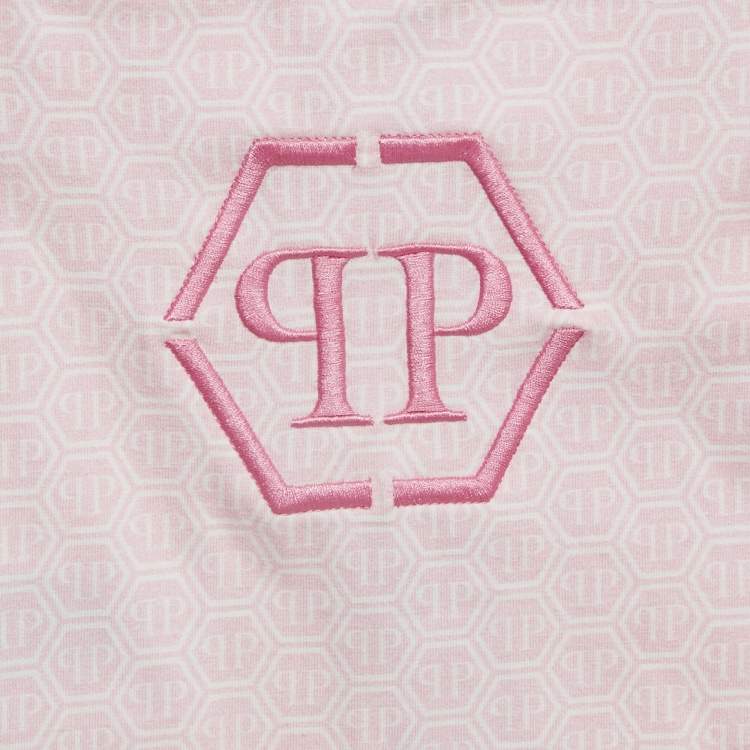 Pre Owned Philipp Plein Kids Pink Printed Jersey Romper and Cap Set 6-9M