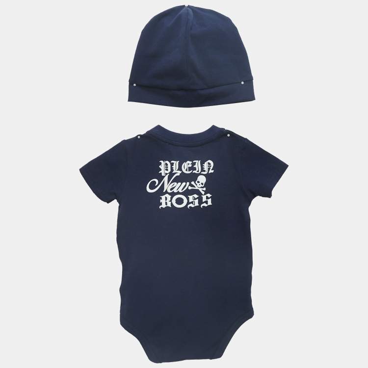 Pre Owned Philipp Plein Junior Navy Blue Teddy Print Cotton Romper Set 3-6M