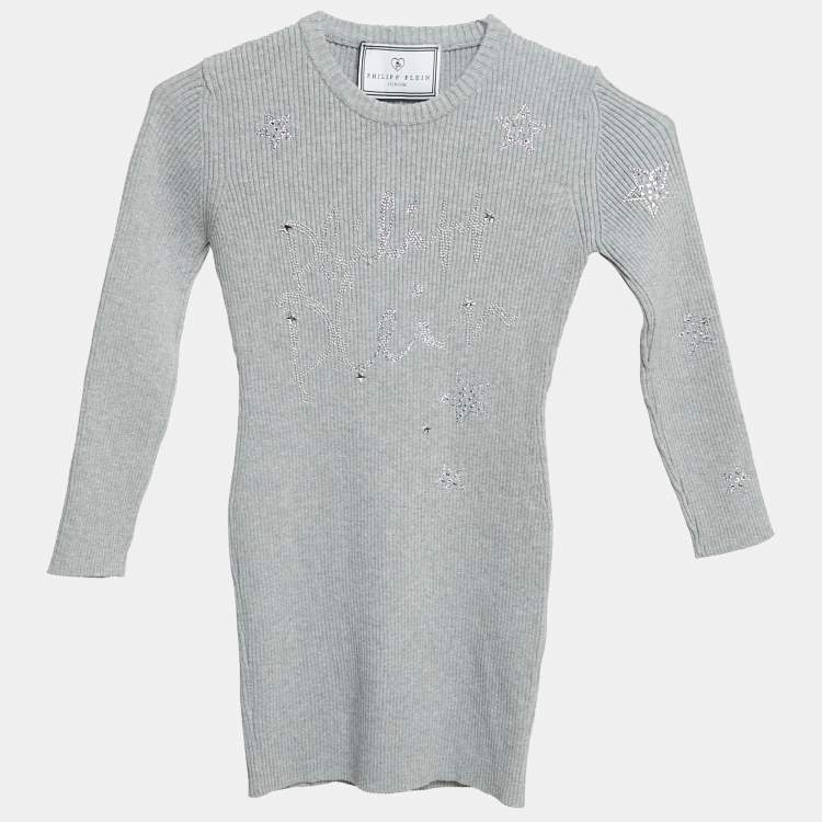 Pre Owned Philipp Plein Junior Grey Crystal Embellished Rib Knit Gaila Dress 6 Yrs 