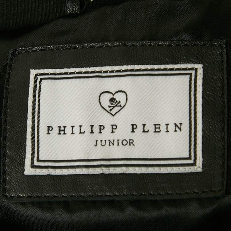 Pre Owned Philipp Plein Kids Black Flamingo Rhinestone Leather Jacket 8 Yrs 