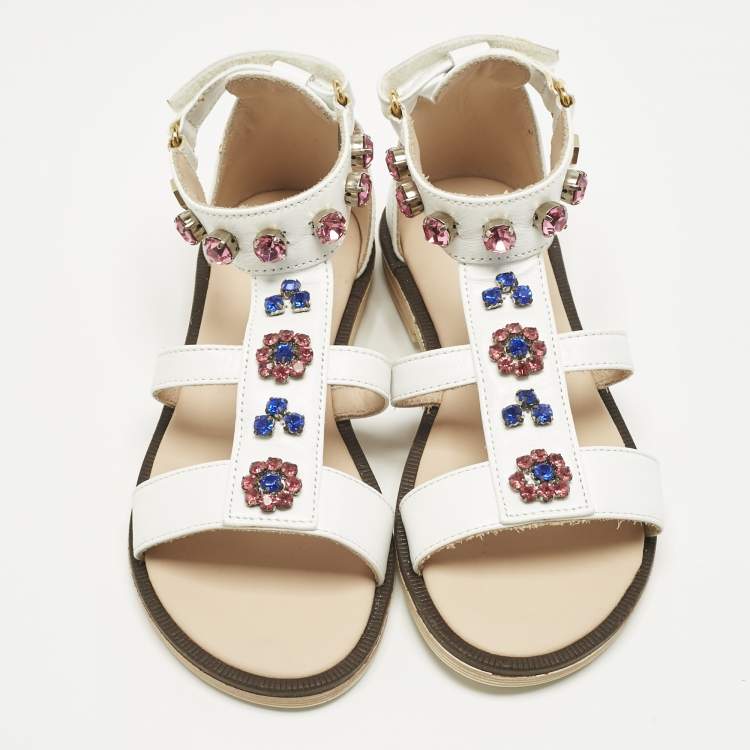 Pre Owned Philipp Plein White Leather Crystal Embellished Flat Sandals Size 30