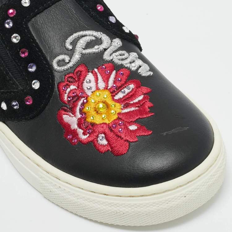 Pre Owned Philipp Plein Black Leather Embellished Lea Sneakers Size 28