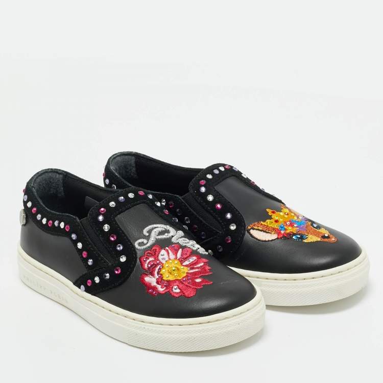 Pre Owned Philipp Plein Black Leather Embellished Lea Sneakers Size 28