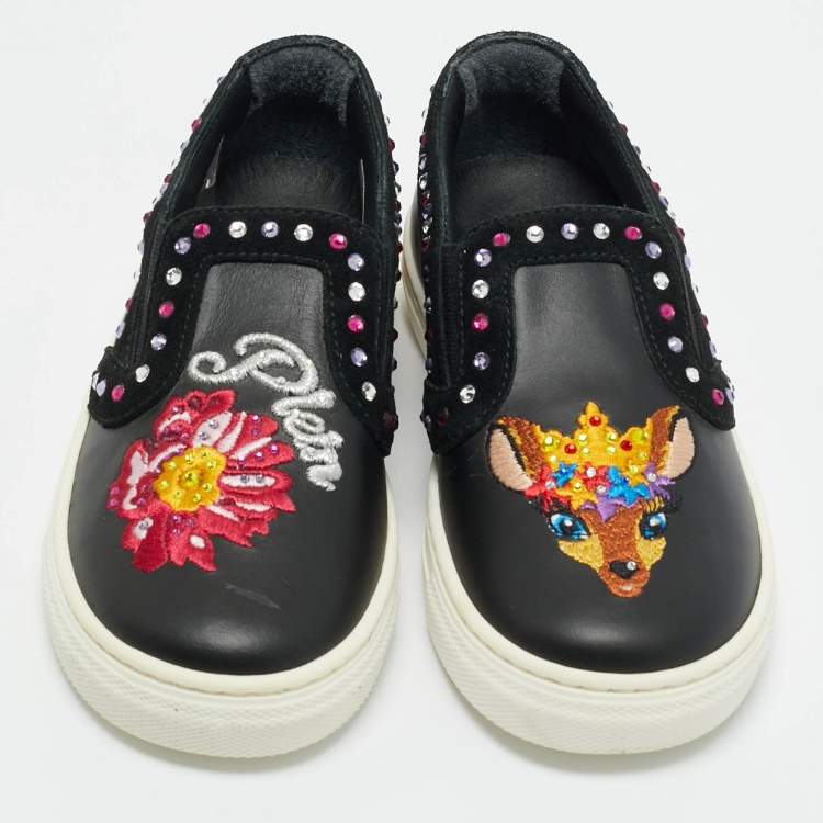 Pre Owned Philipp Plein Black Leather Embellished Lea Sneakers Size 28