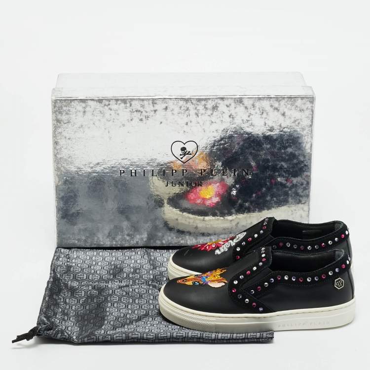 Pre Owned Philipp Plein Black Leather Embellished Lea Sneakers Size 28