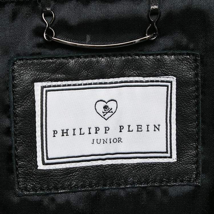 Pre Owned Philipp Plein Junior Black Crocodile Textured Leather Stud Detail Biker Jacket 8 Yrs
