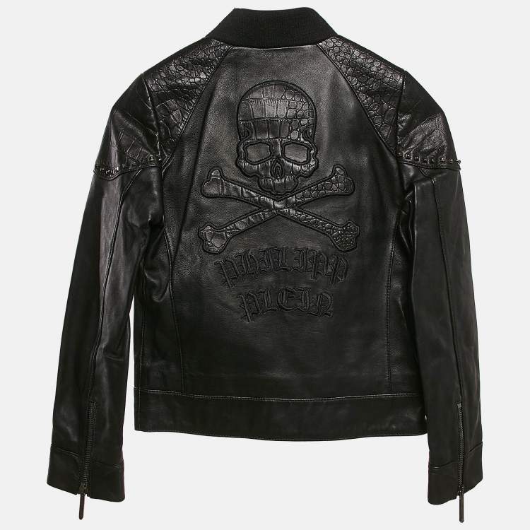 Pre Owned Philipp Plein Junior Black Crocodile Textured Leather Stud Detail Biker Jacket 8 Yrs