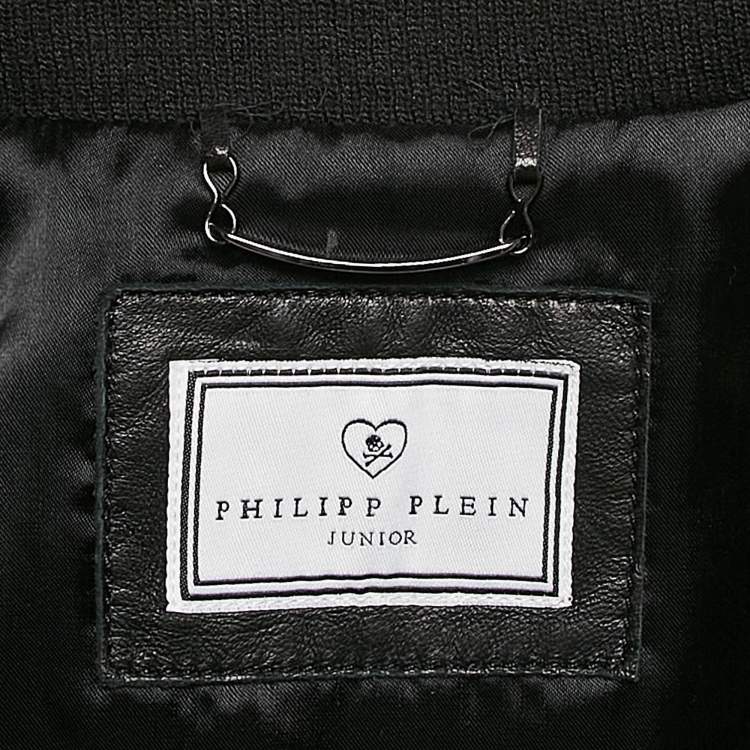 Pre Owned Philipp Plein Junior Black Crocodile Textured Leather Stud Detail Biker Jacket 8 Yrs