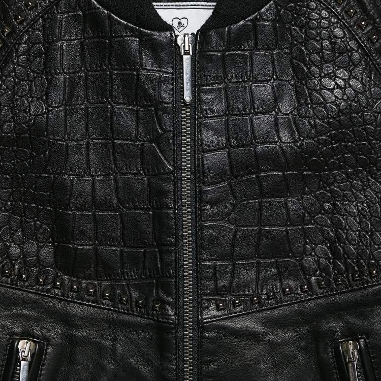 Pre Owned Philipp Plein Junior Black Crocodile Textured Leather Stud Detail Biker Jacket 8 Yrs