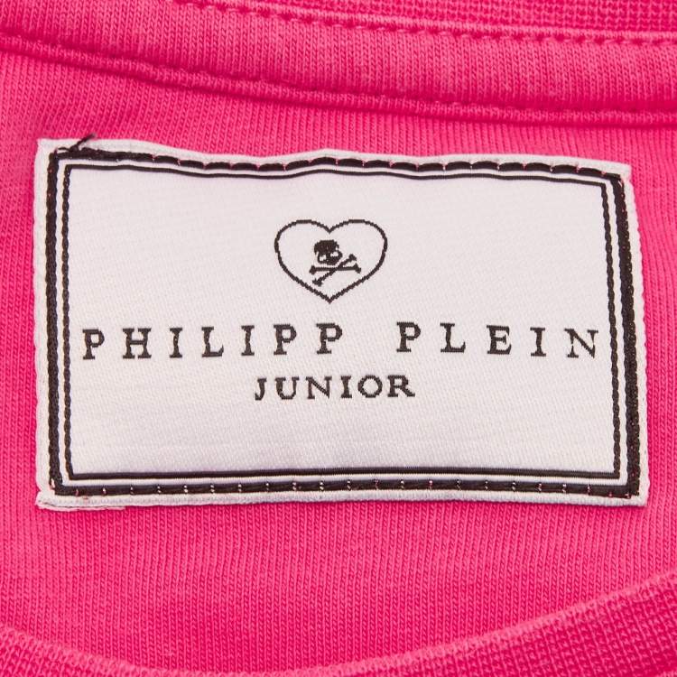 Pre Owned Philipp Plein Kids Pink Logo Studded Cotton T-Shirt 8 Yrs