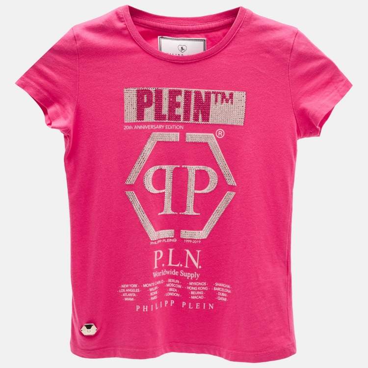 Pre Owned Philipp Plein Kids Pink Logo Studded Cotton T-Shirt 8 Yrs