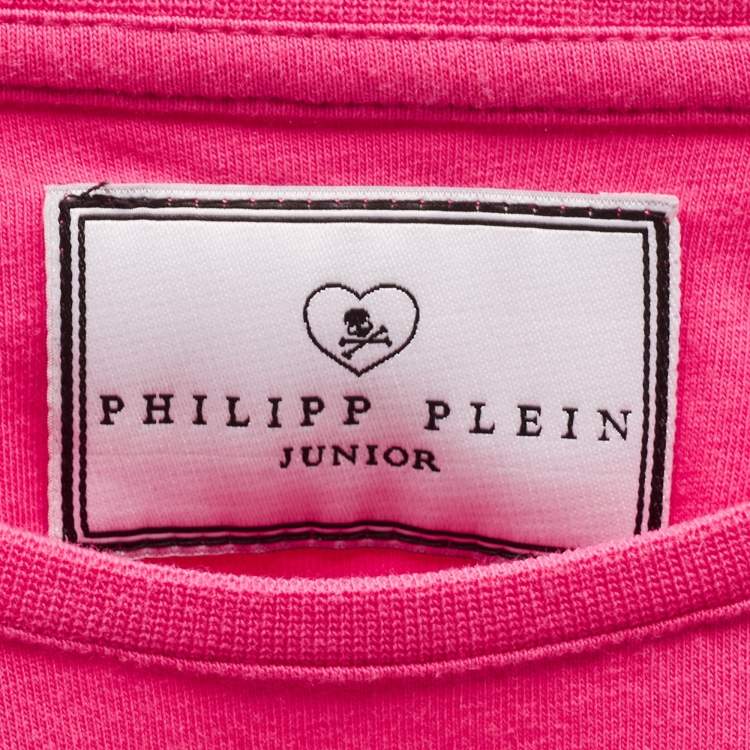 Pre Owned Philipp Plein Kids Pink Logo Studded Cotton T-Shirt 8 Yrs