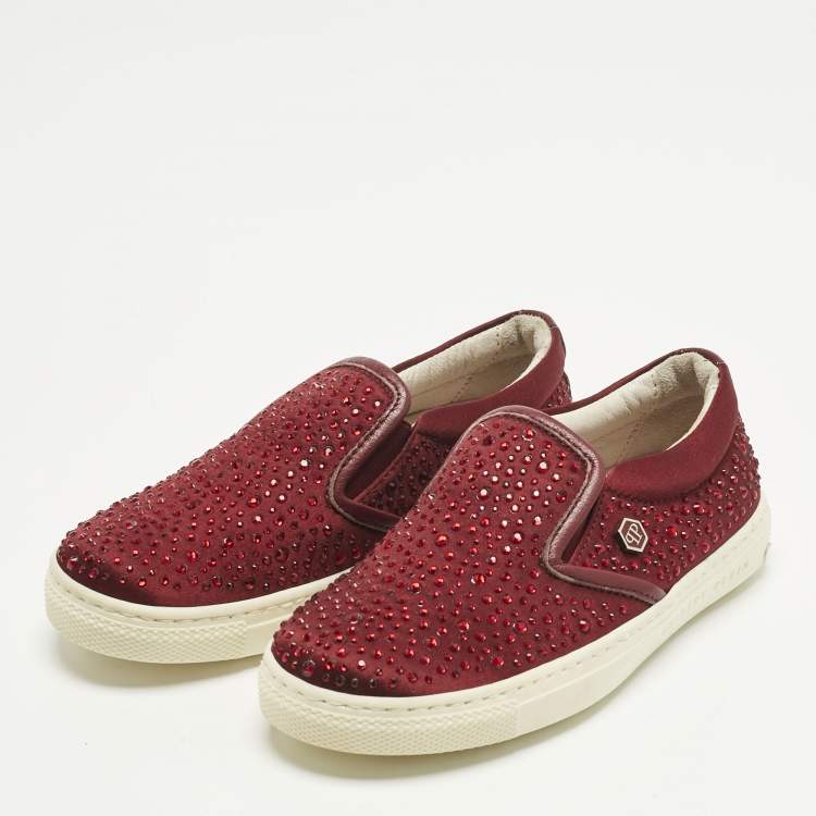 Pre Owned Philipp Plein Burgundy Satin Crystal Embellished Slip On Sneakers Size 28
