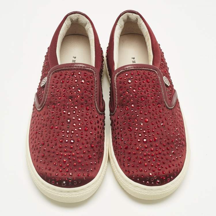 Pre Owned Philipp Plein Burgundy Satin Crystal Embellished Slip On Sneakers Size 28