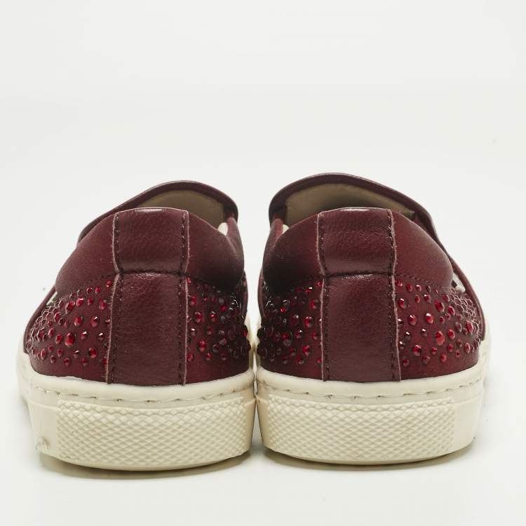 Pre Owned Philipp Plein Burgundy Satin Crystal Embellished Slip On Sneakers Size 28
