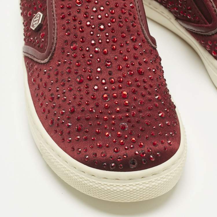 Pre Owned Philipp Plein Burgundy Satin Crystal Embellished Slip On Sneakers Size 28