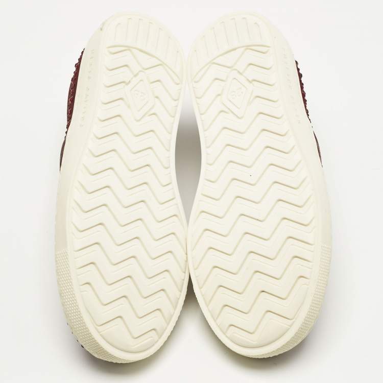 Pre Owned Philipp Plein Burgundy Satin Crystal Embellished Slip On Sneakers Size 28