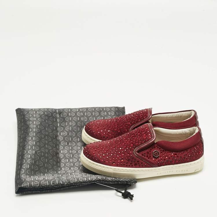 Pre Owned Philipp Plein Burgundy Satin Crystal Embellished Slip On Sneakers Size 28