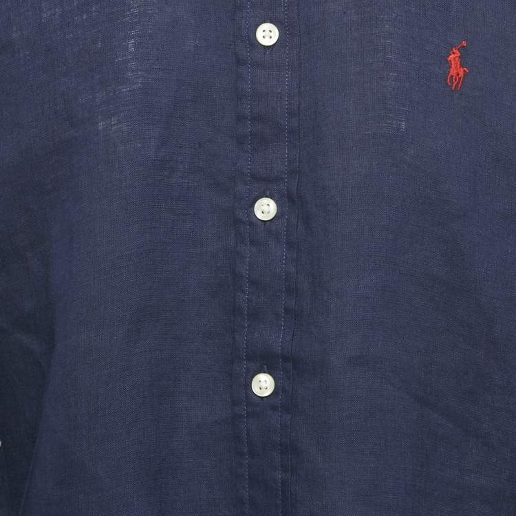 Pre Owned قميص بولو من رالف لورين قطن مخطط وردي بقصة ضيقة وأزرار أمامية مقاس متوسط (ميديوم)