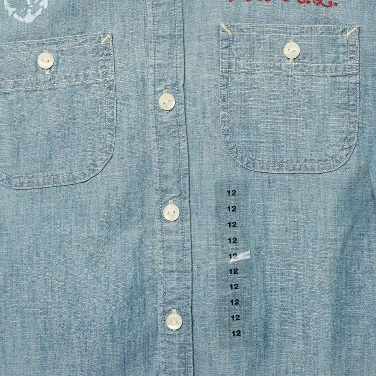 Pre Owned Polo Ralph Lauren Kid Blue Sea Print Denim Shirt 12 Yrs
