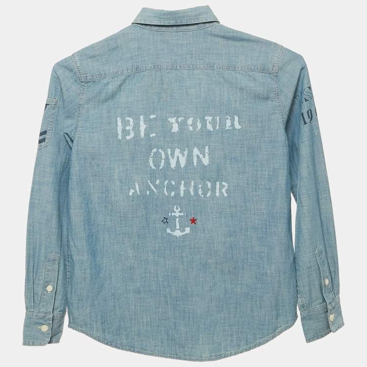 Pre Owned Polo Ralph Lauren Kid Blue Sea Print Denim Shirt 12 Yrs