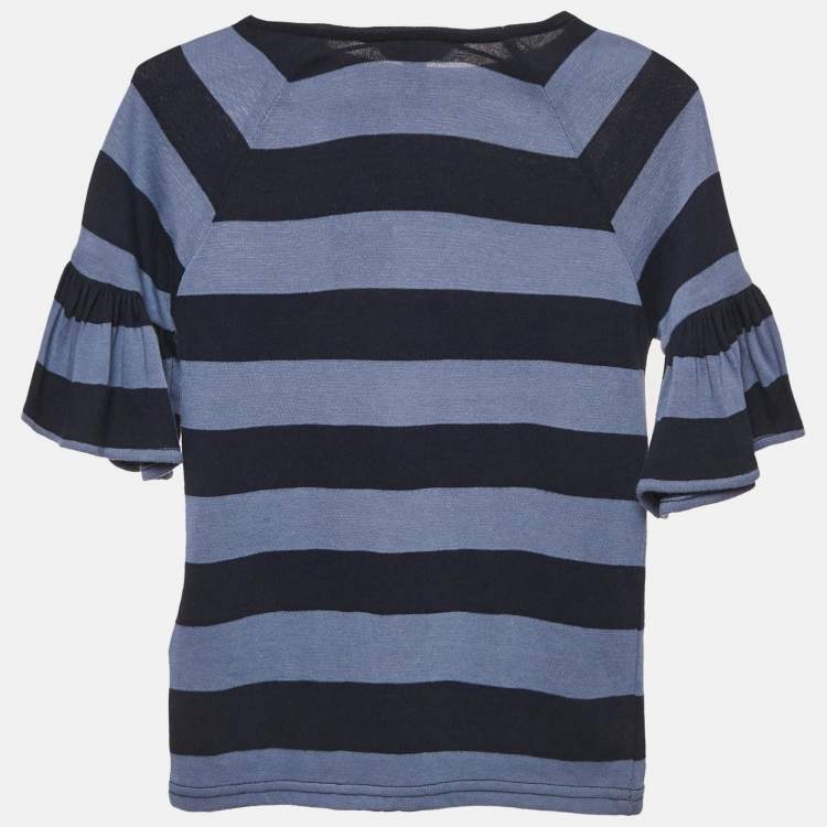 Pre Owned Polo Ralph Lauren Kids Blue Stripe Cotton Knit Bell Sleeve Top 7 Yrs