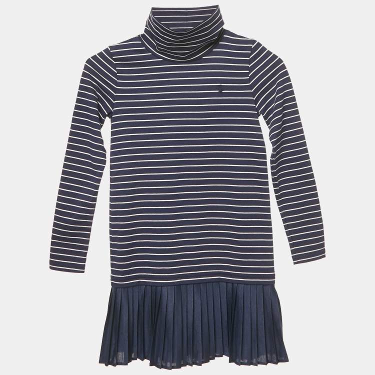 Pre Owned Polo Ralph Lauren Kids Navy Blue Stripe Cotton Knit Pleated Dress 6 Yrs