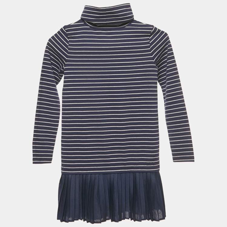 Pre Owned Polo Ralph Lauren Kids Navy Blue Stripe Cotton Knit Pleated Dress 6 Yrs
