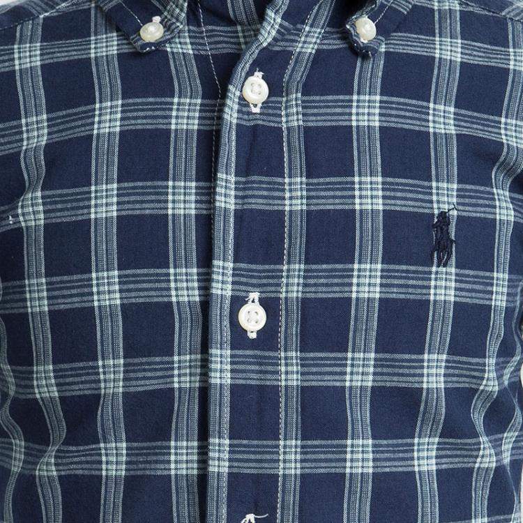 Pre Owned Ralph Lauren Navy Blue Checked Cotton Short Sleeve Buttondown Shirt 2 Yrs