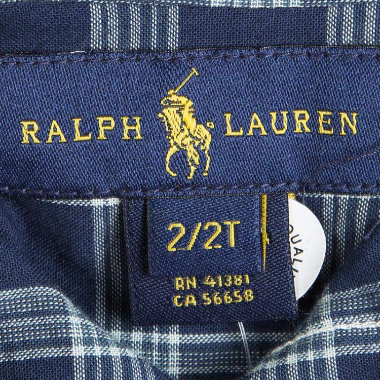 Pre Owned Ralph Lauren Navy Blue Checked Cotton Short Sleeve Buttondown Shirt 2 Yrs