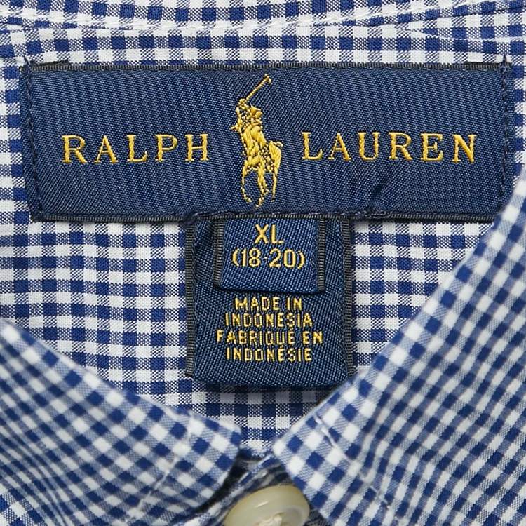 Pre Owned Ralph Lauren Navy Blue Gingham Cotton Short Sleeve Shirt XL 18-20 Yrs