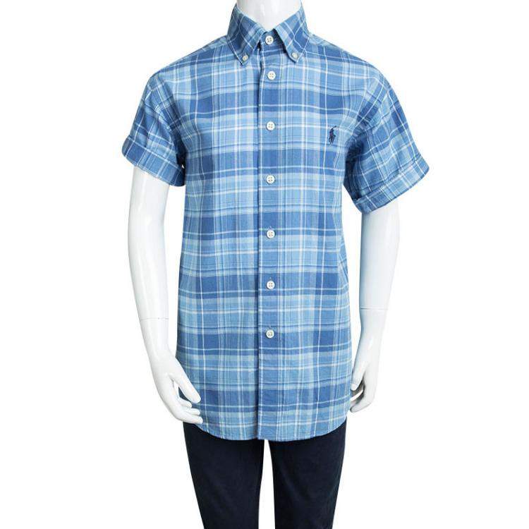 Pre Owned Ralph Lauren Blue Checked Cotton Short Sleeve Buttondown Shirt 8 Yrs