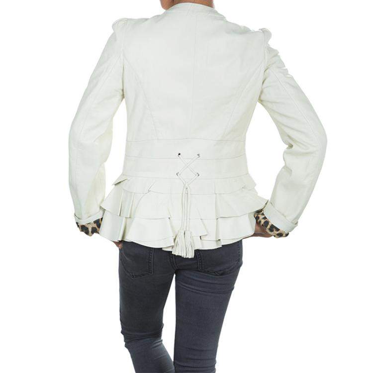 Pre Owned Roberto Cavalli Angels Cream Frill Detail Leather Jacket 12 Yrs 