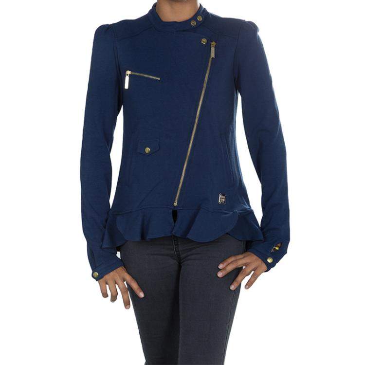 Pre Owned Roberto Cavalli Angels Navy Blue Frill Detail Biker Jacket 8 Yrs 