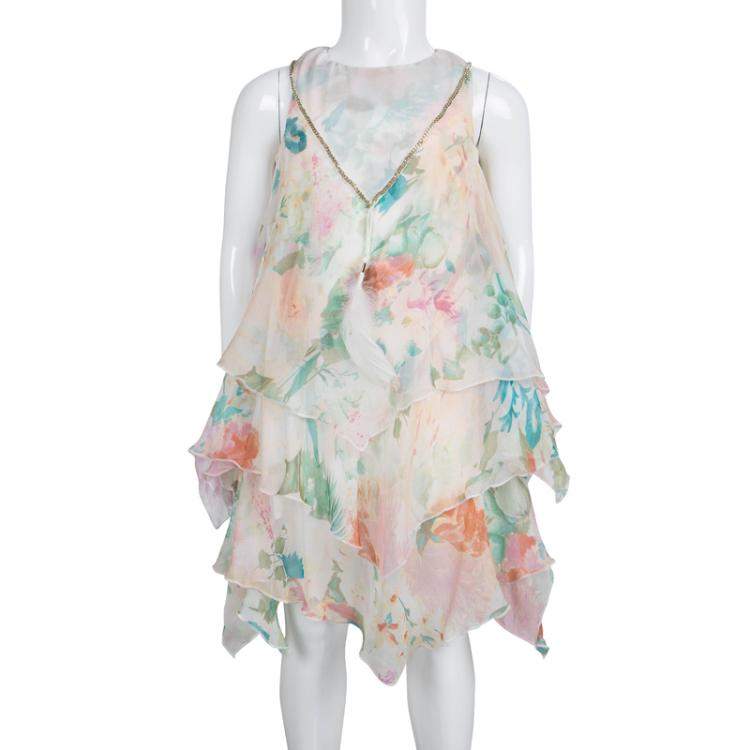 Pre Owned Roberto Cavalli Angels Floral Printed Chiffon Layered Sleeveless Dress 4 Yrs
