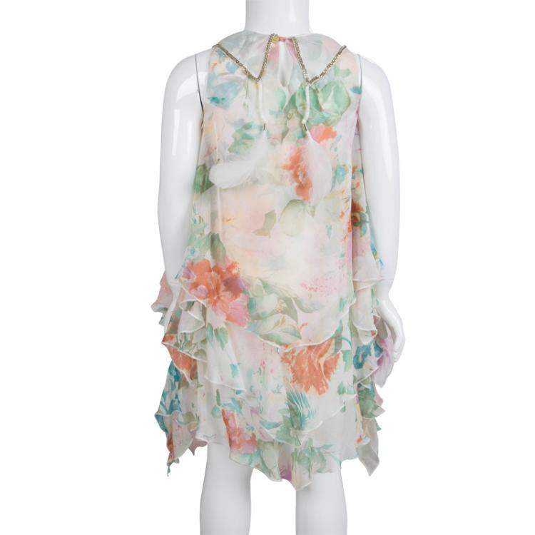Pre Owned Roberto Cavalli Angels Floral Printed Chiffon Layered Sleeveless Dress 4 Yrs