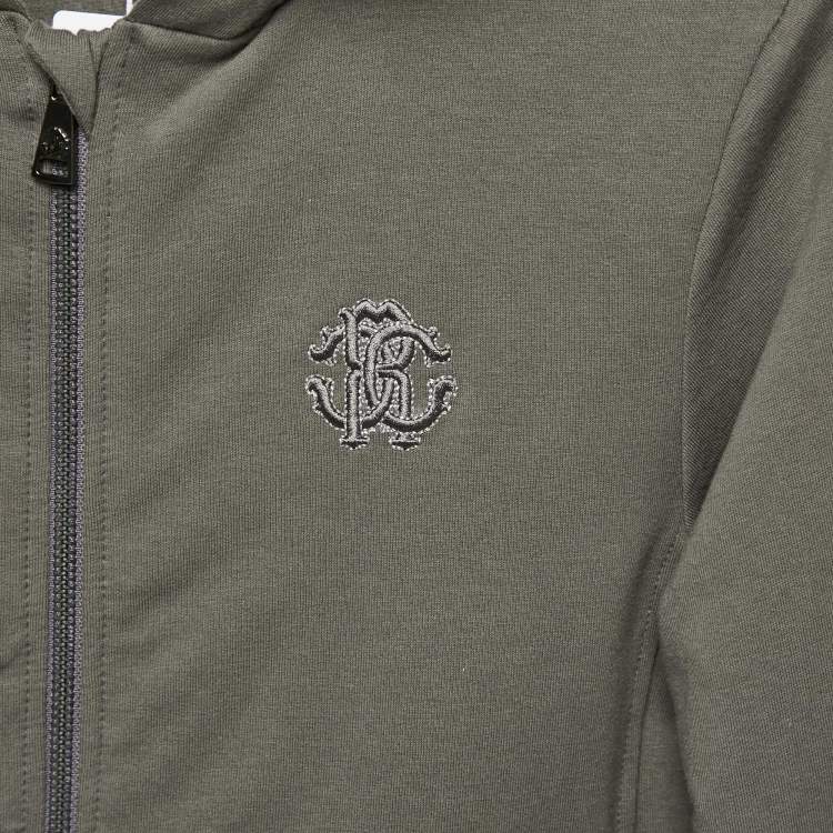 Pre Owned Roberto Cavalli Grey Logo Embroidery Cotton Knit Zip-Up Hooded Jacket 8 Yrs