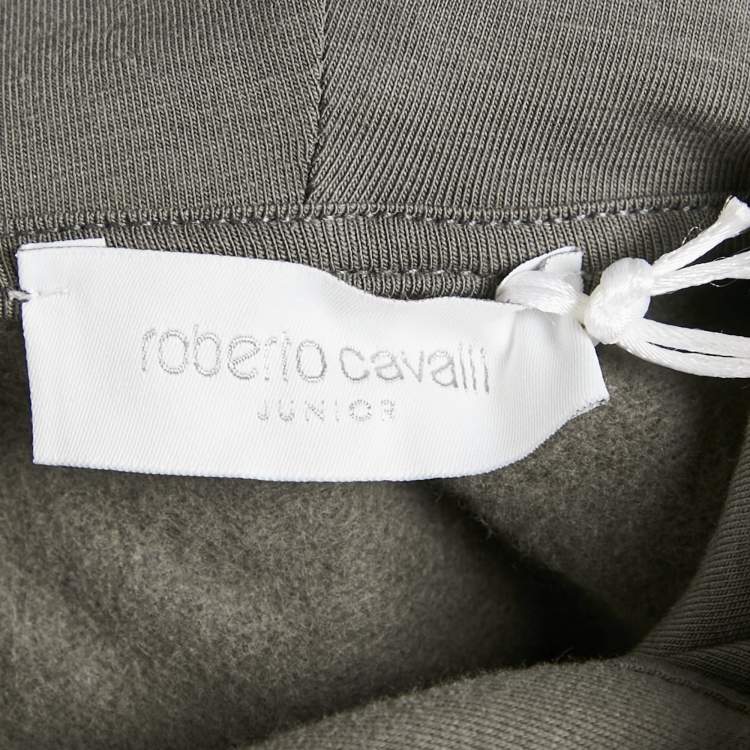 Pre Owned Roberto Cavalli Grey Logo Embroidery Cotton Knit Zip-Up Hooded Jacket 8 Yrs