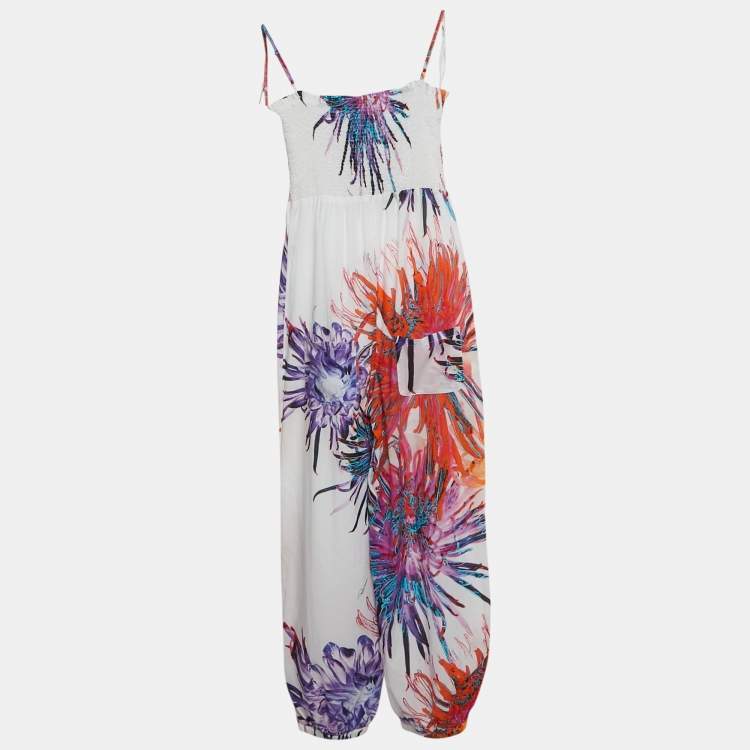 Pre Owned Roberto Cavalli Kids White/Orange Floral Print Cotton Shirring Jumpsuit 10 Yrs 