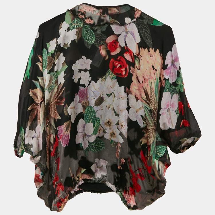 Pre Owned Roberto Cavalli Kids Black Floral Print Silk Top 8 Yrs 