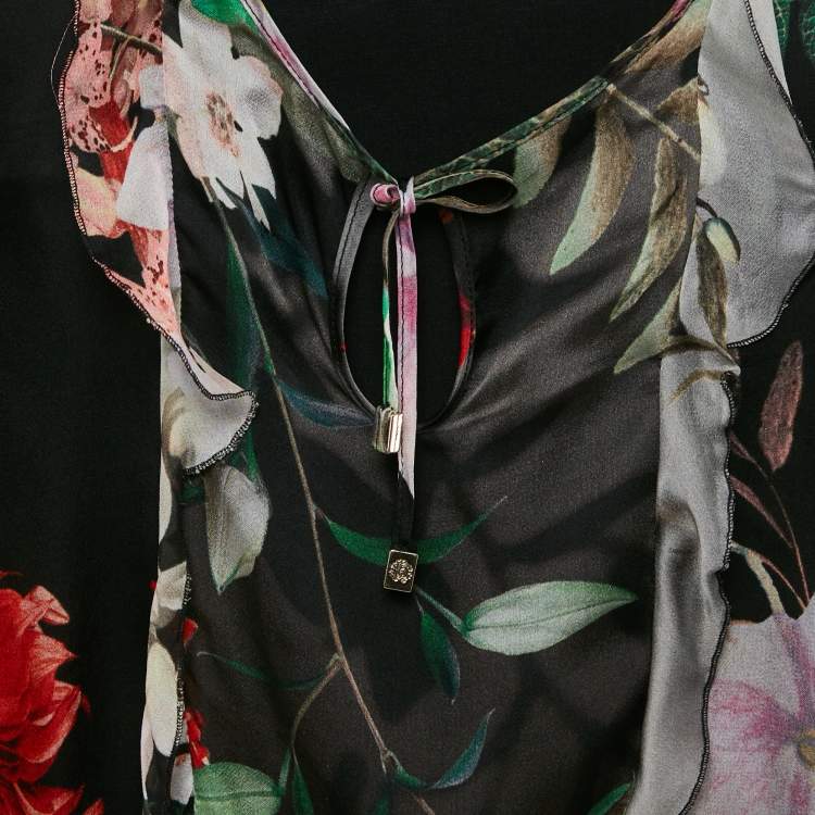 Pre Owned Roberto Cavalli Kids Black Floral Print Silk Top 8 Yrs 