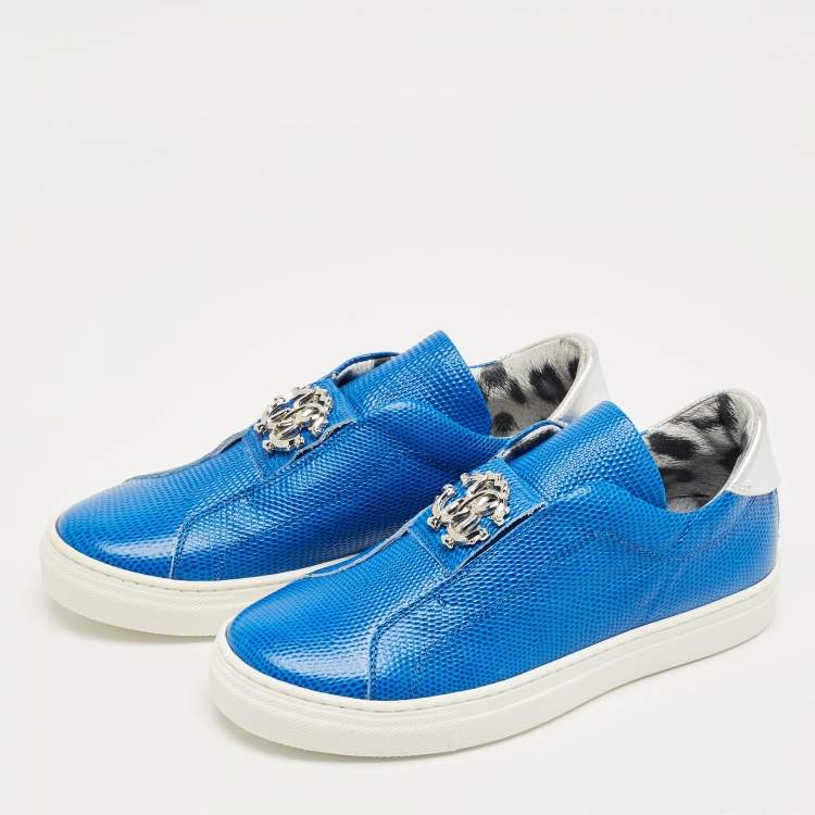 Pre Owned Roberto Cavalli Blue Lizard Embossed Leather Slip On Sneakers Size 35