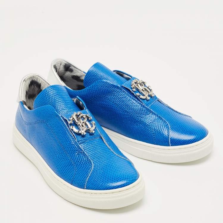 Pre Owned Roberto Cavalli Blue Lizard Embossed Leather Slip On Sneakers Size 35