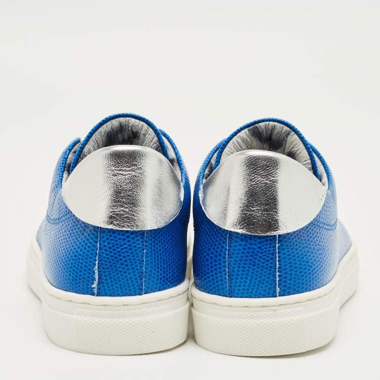 Pre Owned Roberto Cavalli Blue Lizard Embossed Leather Slip On Sneakers Size 35