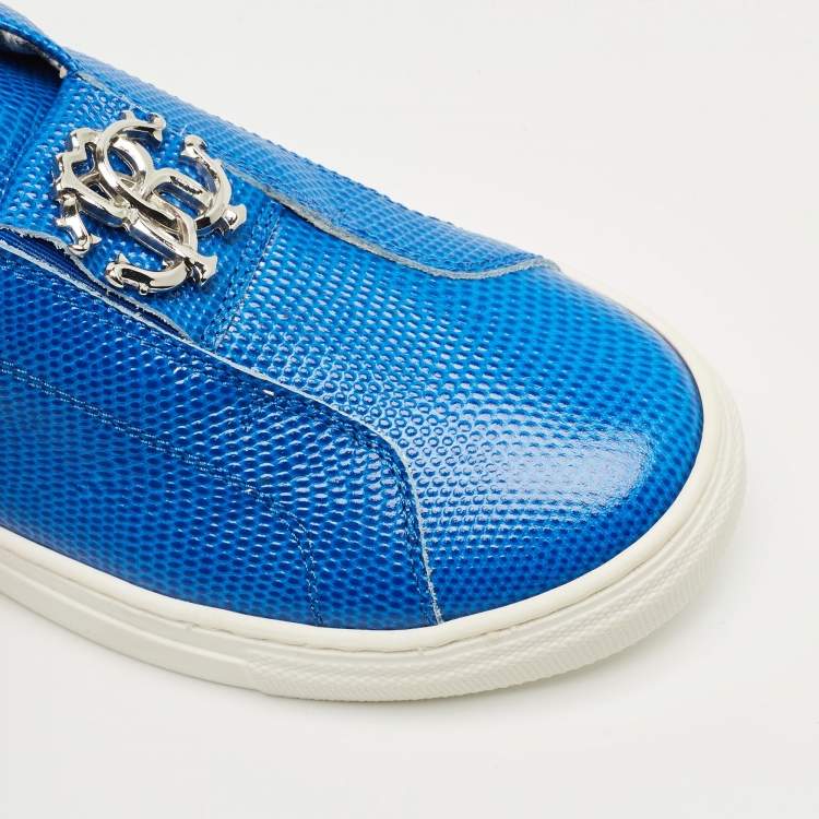 Pre Owned Roberto Cavalli Blue Lizard Embossed Leather Slip On Sneakers Size 35