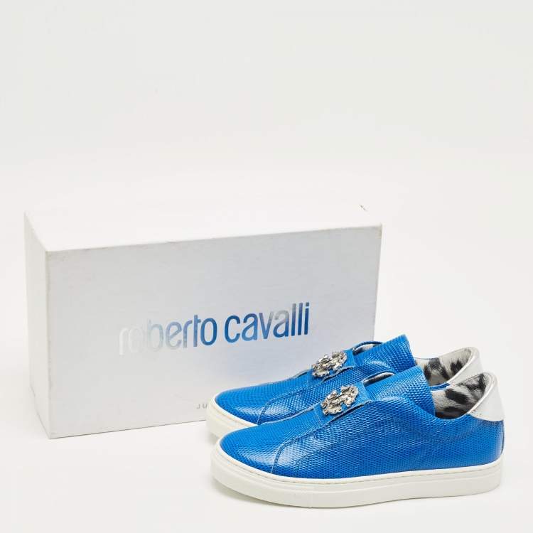 Pre Owned Roberto Cavalli Blue Lizard Embossed Leather Slip On Sneakers Size 35