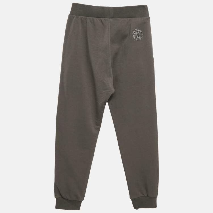 Pre Owned Roberto Cavalli Junior Grey Logo Embroidery Cotton Knit Joggers 8 Yrs