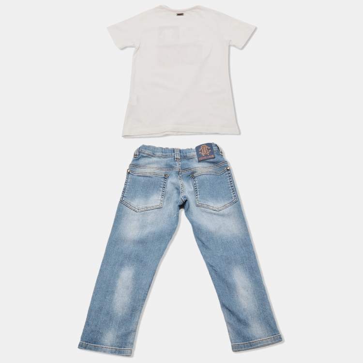 Pre Owned Roberto Cavalli Kids White /Blue Cotton Top & Denim Pants Set 4 Years 