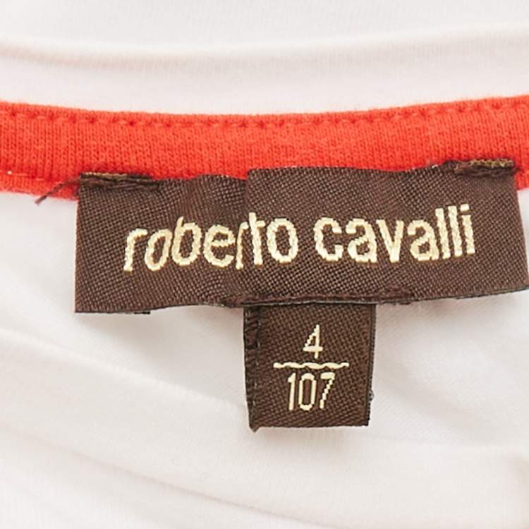 Pre Owned Roberto Cavalli Kids White /Blue Cotton Top & Denim Pants Set 4 Years 